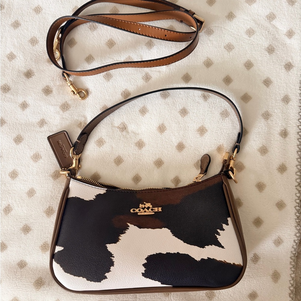 Coach Cowhide-Print Leather Shoulder Bag — Black, White & Brown